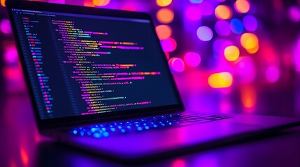 Developer coding late at night with colorful lines of code on a laptop screen. Perfect for programming, software development, and tech-related content.