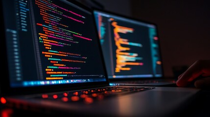 Developer coding late at night with colorful lines of code on a laptop screen. Perfect for programming, software development, and tech-related content.
