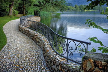 Wall Mural - A serene lakeside path with a stone wall and decorative railing, inviting leisurely strolls amidst nature's beauty.