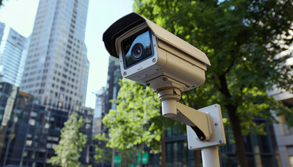 A security camera mounted outdoors, monitoring the surrounding urban environment.