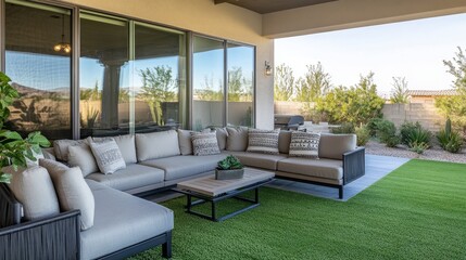 Outdoor patio with cozy sectional couch, armchairs, decorative pillows, lush green grass, clear windows providing natural light