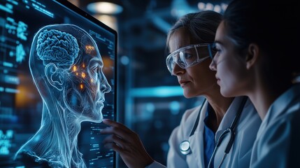 two medical professionals interact with advanced ai software on a digital tablet, analyzing a hologr