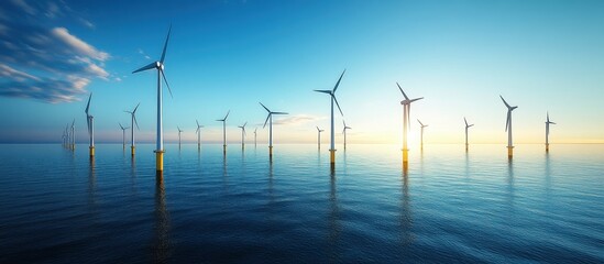 Wall Mural - Stunning Offshore Wind Farm at Sunset with Turbines Reflecting on Calm Ocean Waters Under a Vibrant Sky