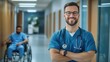 © Old Man Stocker - Confident and friendly healthcare professional stands in a modern hospital corridor, providing care and support in a welcoming environment for patients in need.