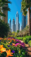 Wall Mural - Vibrant flowers in a lush garden with towering skyscrapers against a clear blue sky, creating a picturesque urban landscape.