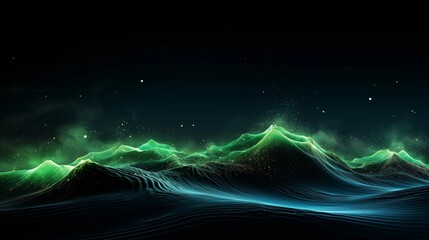 Abstract background with Flowing Waves Composed of Glowing Green and Blue Data Points on a Black Background, Representing the Movement and Flow of Digital Information in a Futuristic, High-Tech Concep