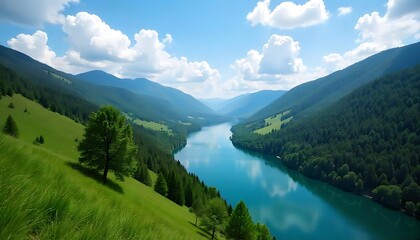 winding river surrounded by lush green hills and forests under a blue sky