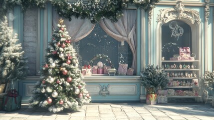 Wall Mural - A decorated christmas tree in front of a window