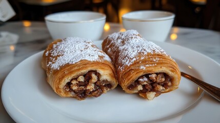 Sticker - Two pastries on a white plate with a spoon