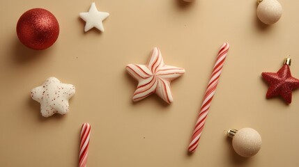 Sticker - A table topped with christmas ornaments and candy canes