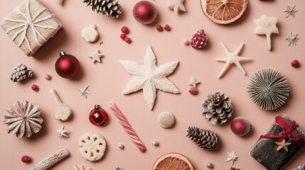 Wall Mural - A variety of christmas decorations on a pink surface