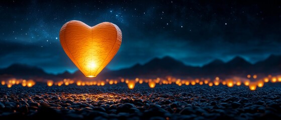 Wall Mural - Heart Shaped Lanterns Floating in a Serene Night Sky