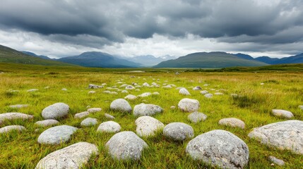 A field of rocks and grass with a cloudy sky in the background