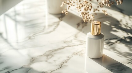 Sticker - Elegant white cosmetic bottle placed on a marbled surface with delicate shadows and dried flowers creating a serene atmosphere in soft light