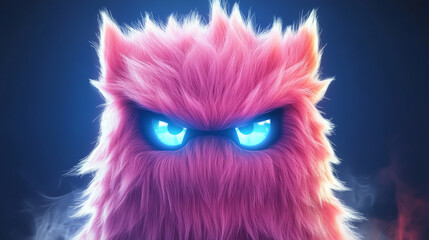 Poster - A close-up of a fluffy pink monster with glowing blue eyes.