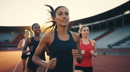 A group of focused female runners sprint on a sunlit track, exuding strength and unity, as they train together in the morning light.