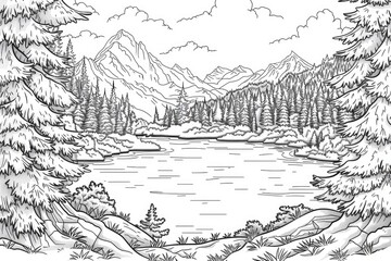 Wall Mural - Coloring book illustration of an alpine lake surrounded by spruce trees in autumn Scenic landscape with beautiful mountains and sunny weather Idyllic natural setting