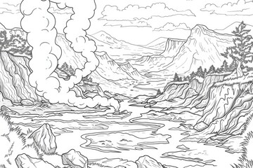 Wall Mural - Coloring book illustration of a scenic valley featuring hot steam vents and natural landscapes