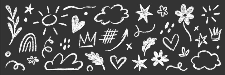 Fototapete - Kid crayon chalk hand drawn black vector set. Crayon pencil cloud, flower, arrow element doodle black brush hand drawn scribble design. Kid chalk pencil style doodle elements. Vector illustration