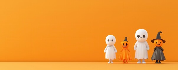 Poster - Cute Halloween Characters on Orange Background.