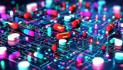 Wall Mural - Vibrant pills on a high-tech circuit board symbolizing the fusion of technology and healthcare