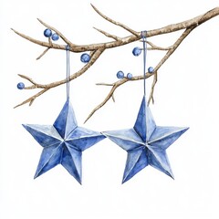 Wall Mural - On a white background, hand-drawn watercolor illustration of Christmas blue stars decoration elements.