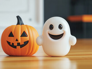 Canvas Print - Happy Halloween Pumpkin and Ghost.