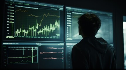 A person studies dynamic financial graphs on futuristic screens in a dim room, surrounded by a cold, analytical atmosphere.