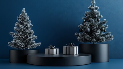 By christmas tree gift boxes, blue podiums are used for product placement