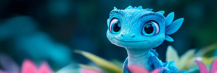 Poster - A cute blue dragon with big eyes looks at the camera.