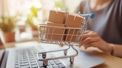 Wall Mural - a person browsing online shopping while using a laptop, with a miniature shopping cart full of packa