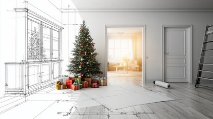 An interior design blueprint sketch style paint roller is used to paint the background while the space becomes very real and the Christmas tree is shown. Before and after concept. An architect