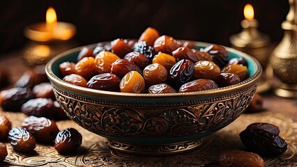  A beautifully arranged bowl filled with date fruits, symbolizing the significance of Ramadan, with rich textures and colors.