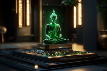 A digital Emerald Buddha hologram, glowing with vibrant green energy inside a futuristic temple where advanced technology enhances the spiritual atmosphere.