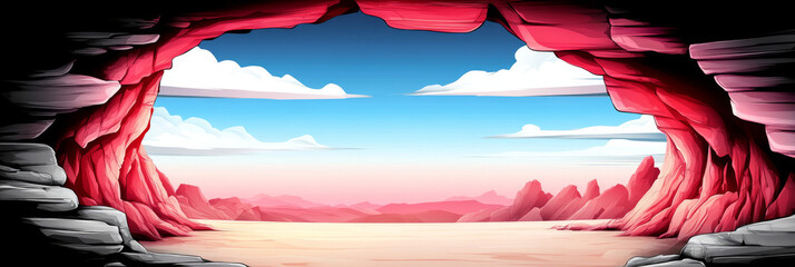 Poster - A view through a cave opening, revealing a vast desert landscape.