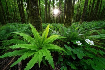 A forest glade bathed in soft sunlight, where ferns and small flowers thrive in the quiet undergrowth, creating a peaceful and undisturbed scene of nature