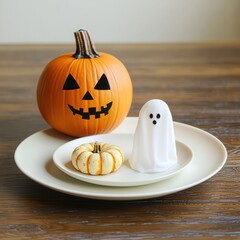 Poster - Halloween Table Setting with Jack-O-Lantern and Ghost.