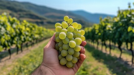 A bunch of green grapes being held in a hand, with a vineyard stretching out in the background.