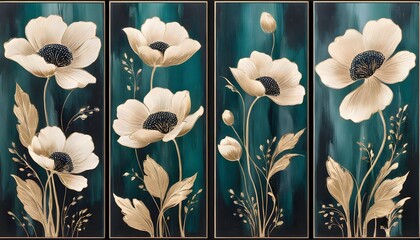 Poster - Lush Elegance in Green and Gold: Abstract Leaf-Inspired Triptych Art