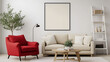 © Bi - Creative composition of living room interior with mock up poster frame red armchair, beige sofa, wooden coffee table, white rack, ladder, palid and personal accessories. Home decor. Template.