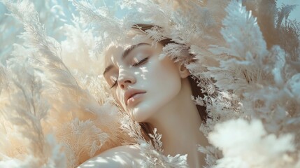 A beautiful woman with closed eyes lies in the pampas grass, surrounded by soft sunlight, pastel colors, and a close-up portrait. The photography has a light, white, and gold style