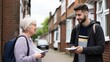 © Iona - A young man and an elderly woman engage in a friendly conversation on a residential street, exemplifying community connection.