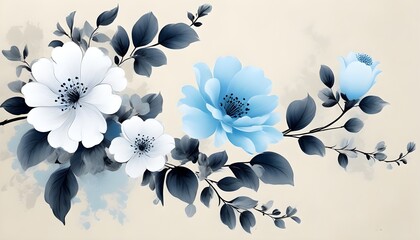 Poster - Graceful Triptych Showcasing a Large White Flower on a Serene Blue Backdrop