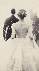 A black and white photo of a woman in a wedding dress