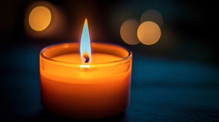 A close-up of a burning candle with an orange flame flickering in the dark, creating a cozy and warm atmosphere.