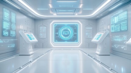 Futuristic tech room, white isolated background