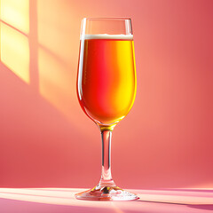 Yellow gold Beer in luxurious glass with long stem on pastel pink background light and shadow. Design or promote advertisements. Celebrate various festivals. Realistic drink alcohol template pattern. 