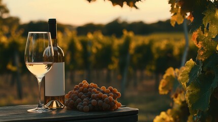 A close-up of a wine bottle and glass on a table, with a bunch of grapes and vineyard views behind.