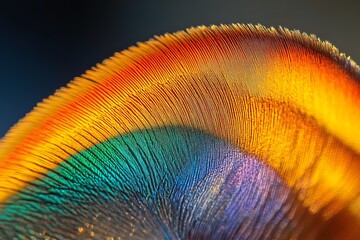close-up of a vibrant bird feather with a colorful iridescent pattern.