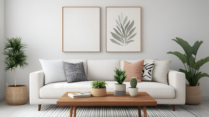 Modern living room interior with a cozy white sofa, textured pillows, and a wooden coffee table. Decor includes potted plants, abstract artwork, and natural elements. Stylish home decor. Template.